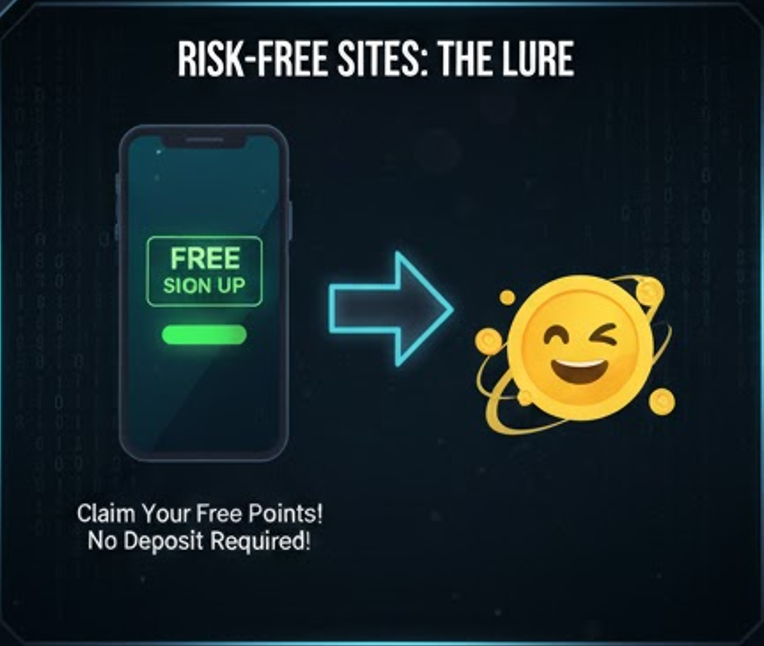 토토 커뮤니티 디시(디시인사이드) 스마트폰 화면의 무료 가입 버튼과 코인 캐릭터를 활용해 무료 토토사이트의 유혹을 표현한 인포그래픽.