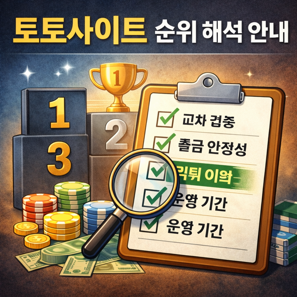 토토사이트 순위 기준을 시각적으로 정리한 인포그래픽 이미지 – 출금 안정성, 약관 명확성, 운영 기간, 교차 검증 체크리스트