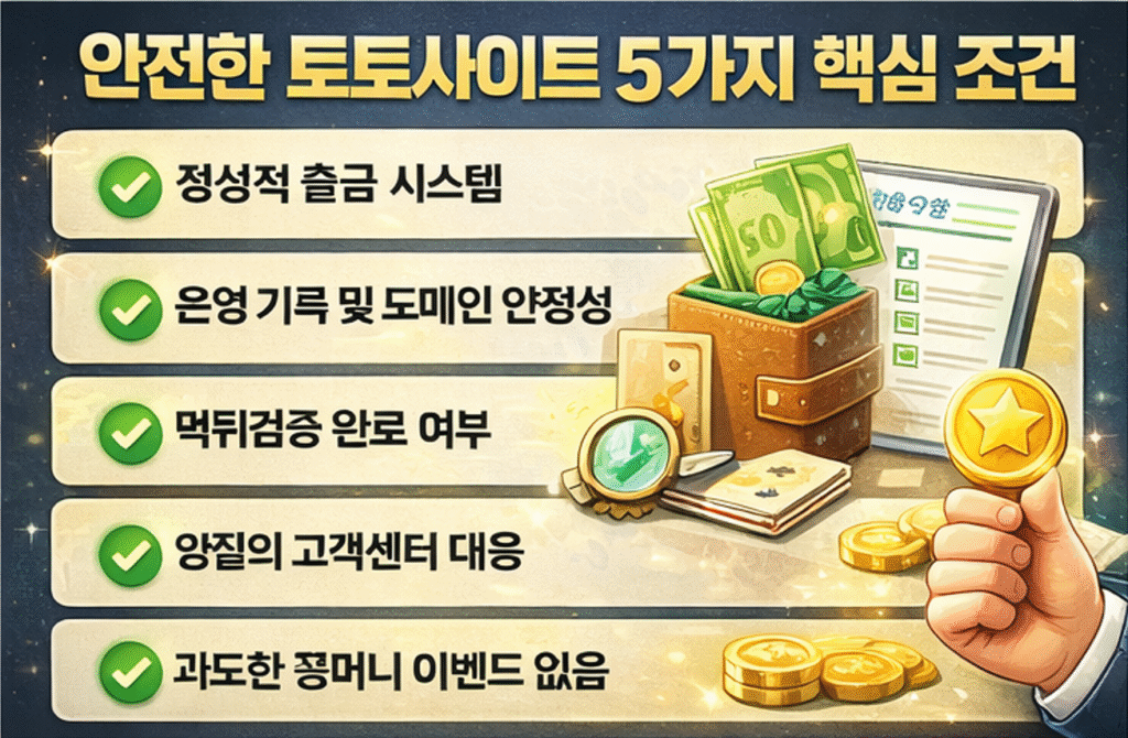 안전한 토토사이트란? 안전한 토토사이트 5가지 핵심 조건 출금 시스템과 운영 안정성 설명 이미지