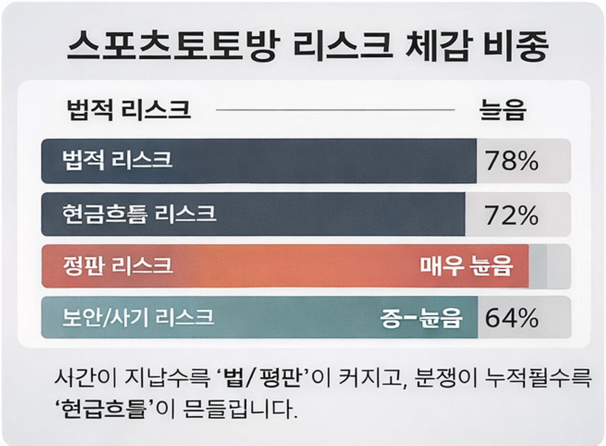 스포츠토토방 창업 리스크 비중 그래프 법적 리스크 현금 흐름 보안 위험 비교