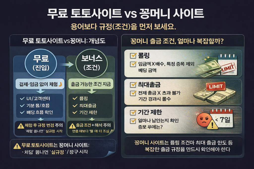 무료 토토사이트와 꽁머니 사이트의 차이점 비교 인포그래픽, 무료체험 구조와 꽁머니 출금 조건 및 리스크 분석