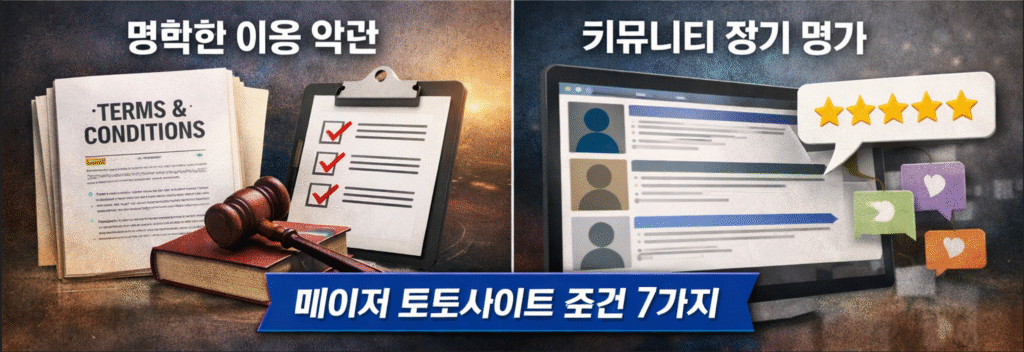 토토사이트 검증 핵심 요소 인포그래픽 – 명확한 이용 약관과 커뮤니티 장기 평가 