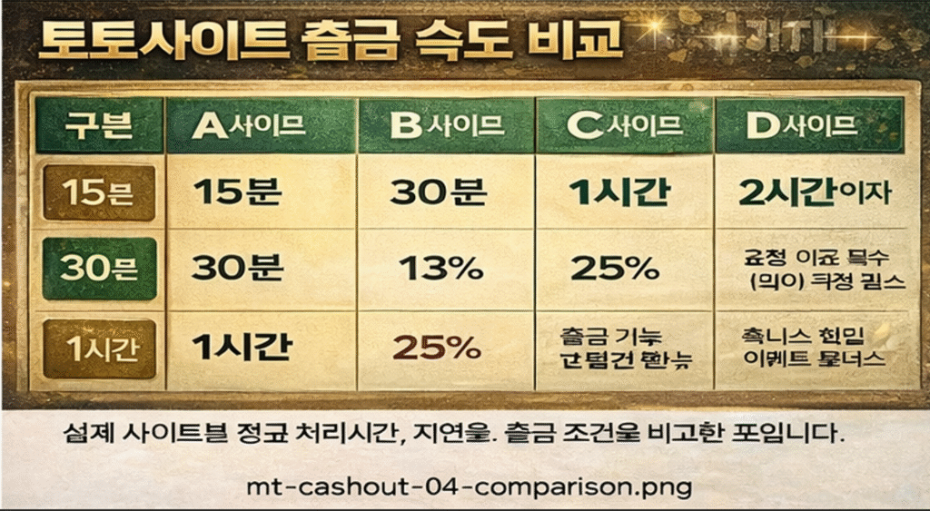 토토사이트 출금 조건 총정리 토토사이트 출금 안정성 평가표 인포그래픽 – 처리시간, 규정 명확성, 고객센터 대응 점수화 기준