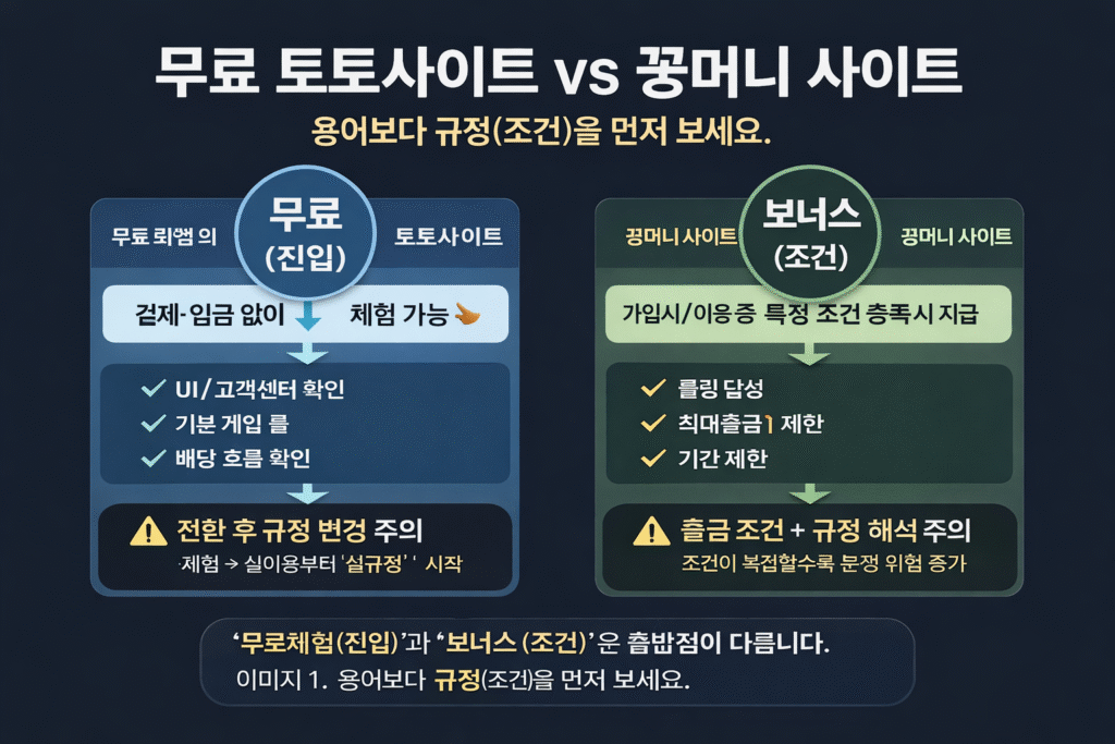 무료 토토사이트와 꽁머니 사이트의 개념 차이, 무료체험과 보너스 구조 비교